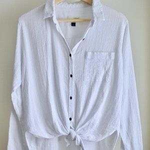 Front Tie Button-Up White Blouse